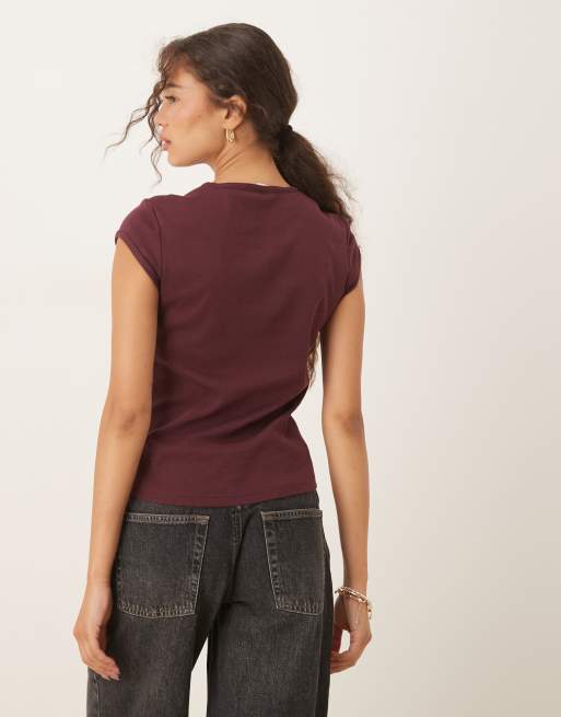 Mango – Vinröd t-shirt med holkärmar i bomull, 3 av 4