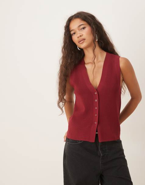 Mango – Vinrött, stickat linne med v-ringning - view 1