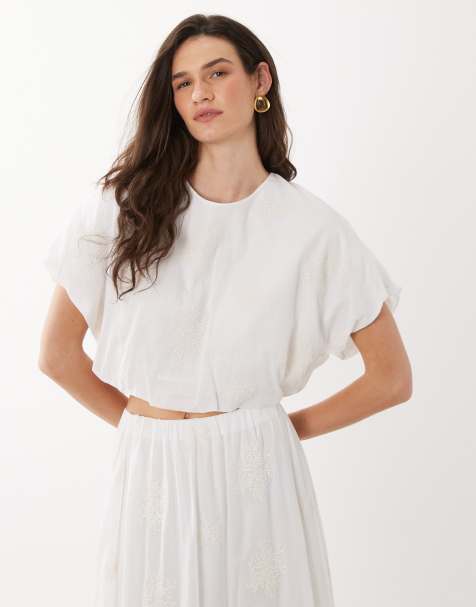 Mango – Vit crop top med ballongfåll i 100% bomull - view 1