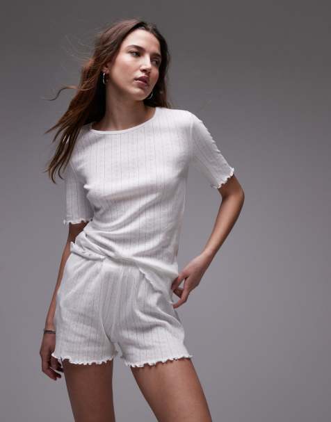 Mango – Vit, pointellestickad pyjamas-t-shirt med volangärm, del av set - view 1