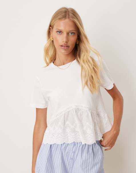Mango – Vit t-shirt med spetsfåll - view 1