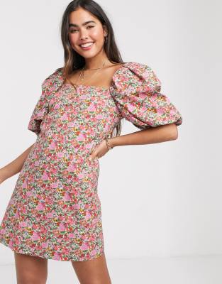 pink floral puff sleeve dress