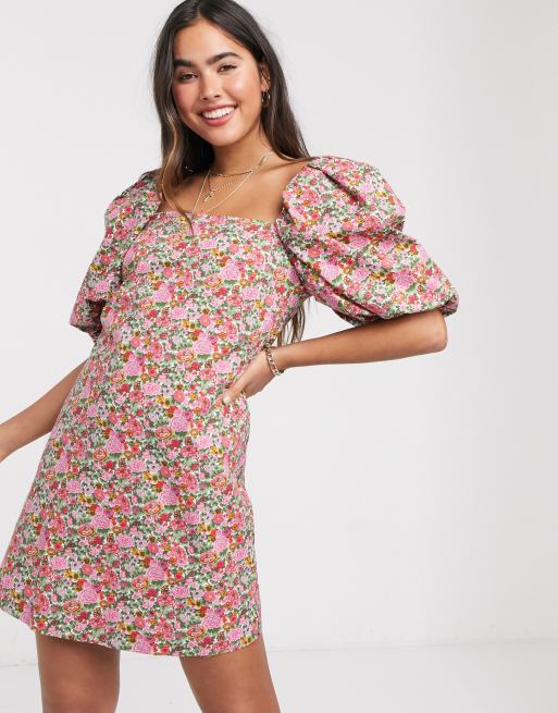 Mango volume sleeve floral mini dress in pink | ASOS