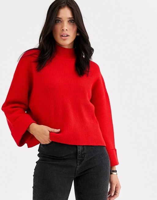 Mango volume sleeve ribbed jumper in red