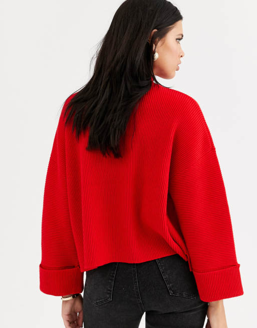 Mango volume sleeve ribbed jumper in red