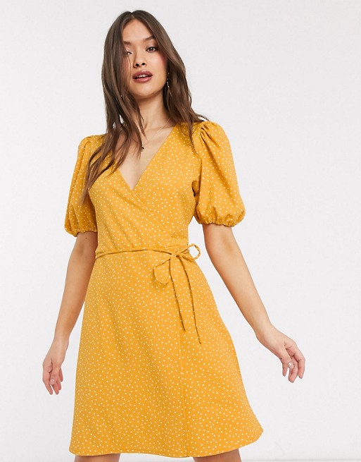 Mango volume sleeve wrap dress in yellow polka dot