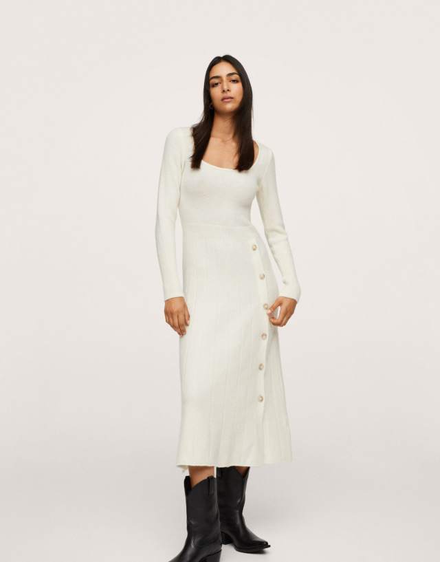 Mango vutton detail knitted midi dress in white