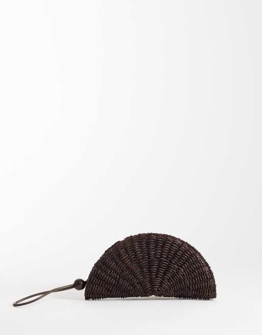 Mango - Waaiervormige clutch tas van raffia in bruin, 4 van 4