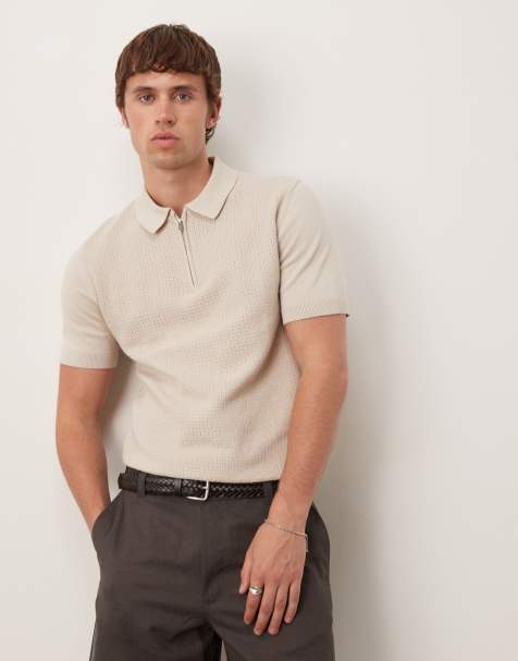 Mango waffle front zip up polo shirt in beige - view 1