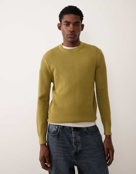 Mango waffle knit crew neck jumper in olive green - view 1