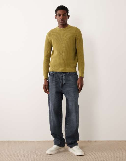 Mango waffle knit crew neck sweater in olive green, 3 of 5