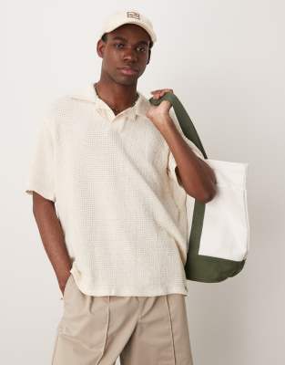 waffle texture camp collar polo top in ecru-Neutral