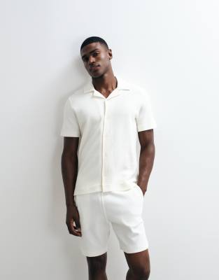 Mango waffle textured short sleeve shirt in ecru - part of a set-Neutral