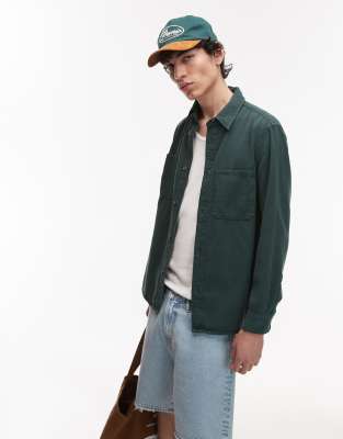 washed cotton overshirt in dark green