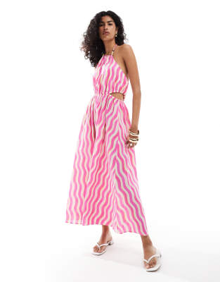 Mango wave stripe halter midi dress Sale