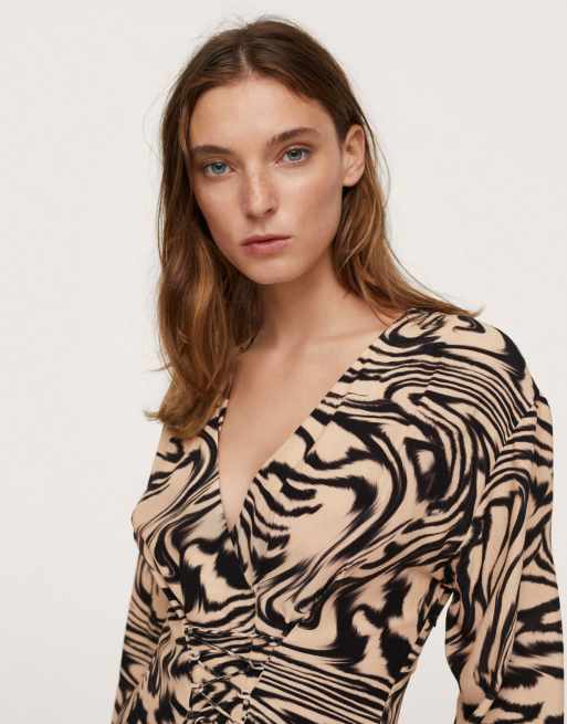 Mango wavey marble print midi dress in brown | ASOS