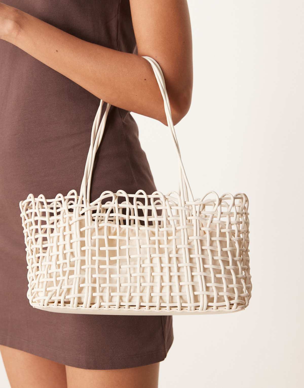 Mango weave mini tote bag inner drawstring lining in ivory
