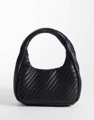Mango Weaved Faux Leather Hand Bag In Black