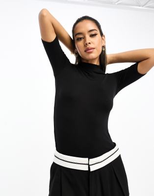 Mango – Weiches, hochgeschlossenes T-Shirt in Schwarz