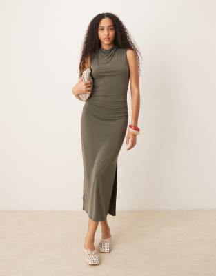 Mango - Weiches, wadenlanges Kleid in verwaschenem Khaki mit Raffung-Grün