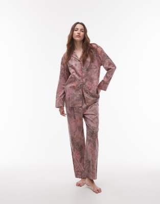Mango - Weit geschnittene Pyjama-Hose aus Satin mit rosa Botanikmuster, Kombiteil