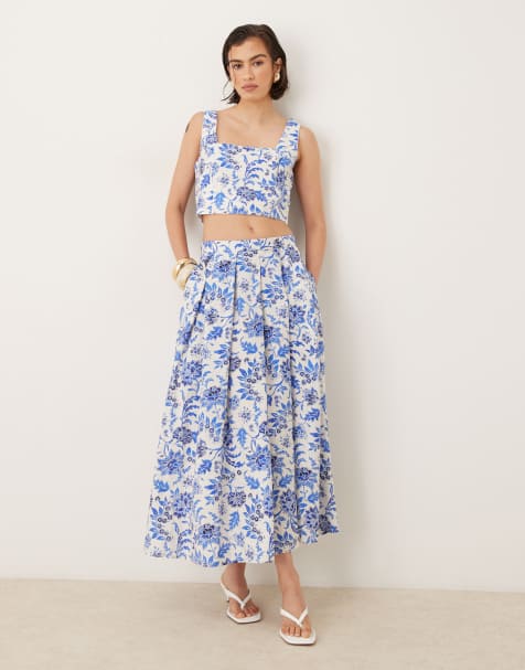 Mango – Weiter Maxi-Faltenrock mit blauem Blumenmuster, Kombiteil - view 1
