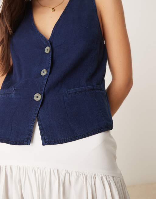 Mango – Weste in Indigoblau aus weichem Denim mit Taschen vorn, 4 von 4