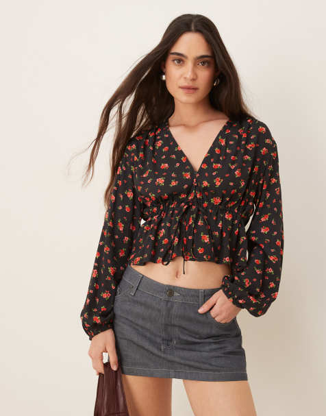 Mango tie front rose print blouse in black