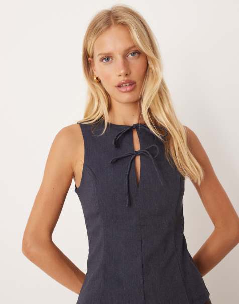 Mango tie front sleeveless top in charcoal