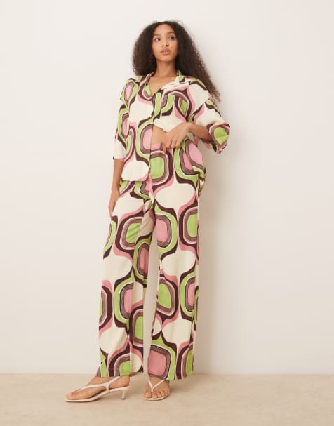 Mango wide leg abstract retro geometric print trouser co-ord in beige - view 1