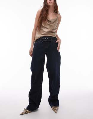 Mango Wide Leg Belted Jeans In Dark Blue