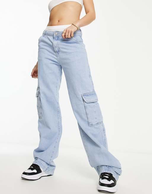 Petite Light Blue Wash Cargo Pocket Baggy Wide Leg Jeans