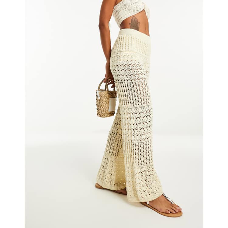 Mango wide leg crochet beach pants in light beige | ASOS