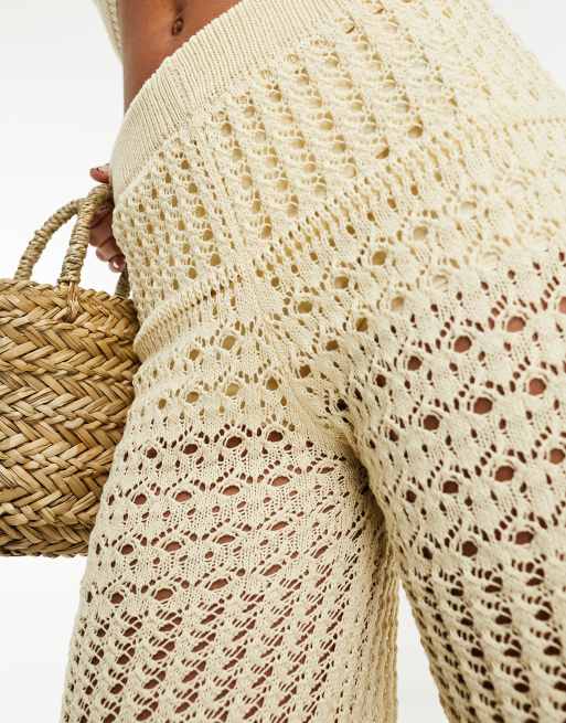 Mango wide leg crochet beach pants in light beige | ASOS