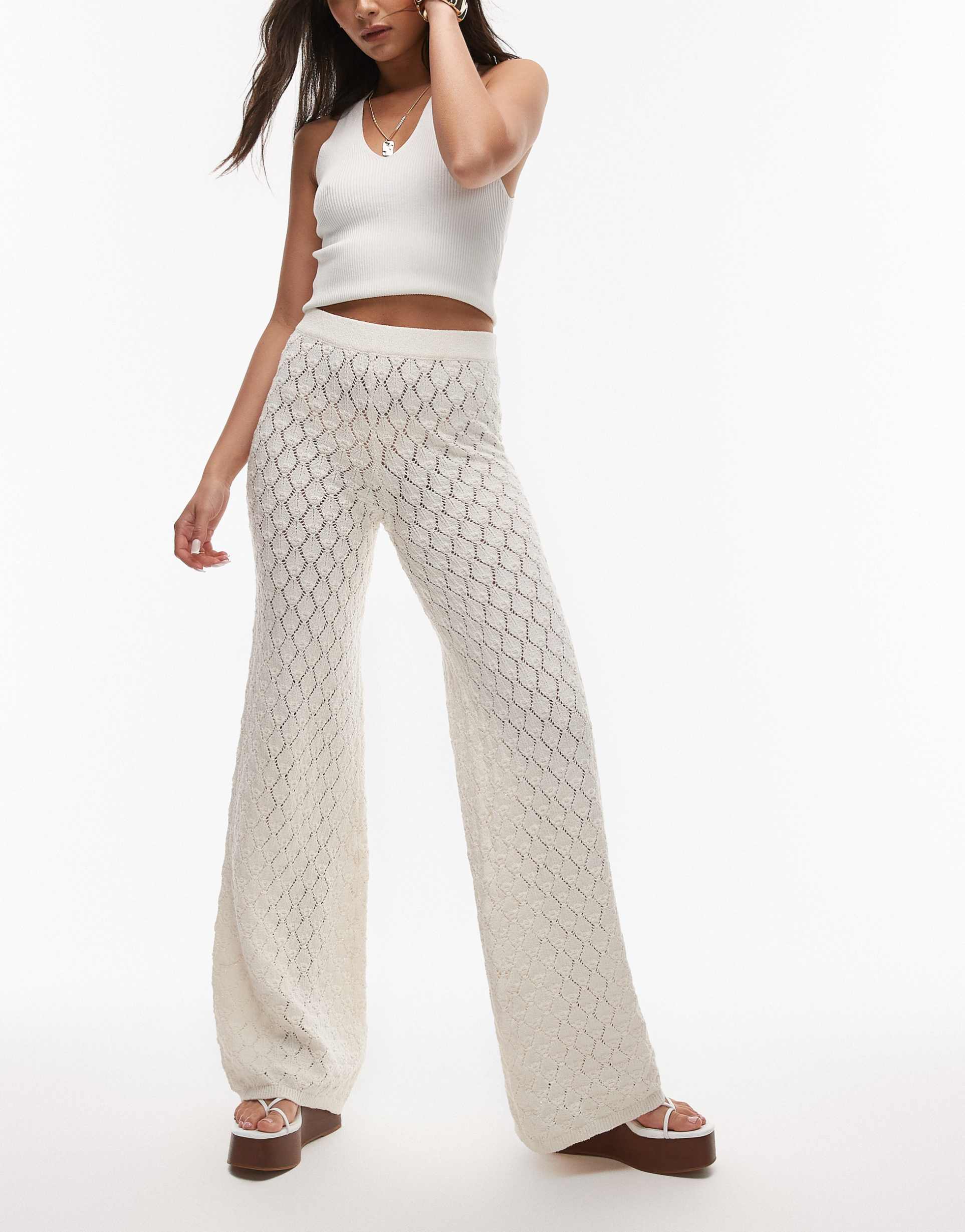 mango wide leg crochet pants in off-white