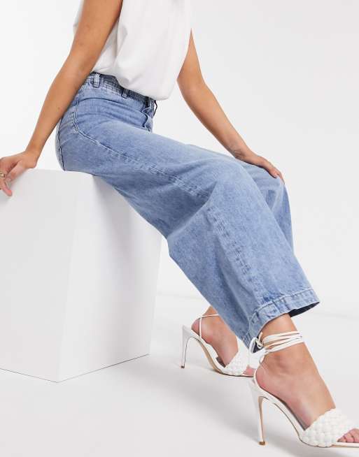 Mango wide leg cropped jeans in blue | ASOS