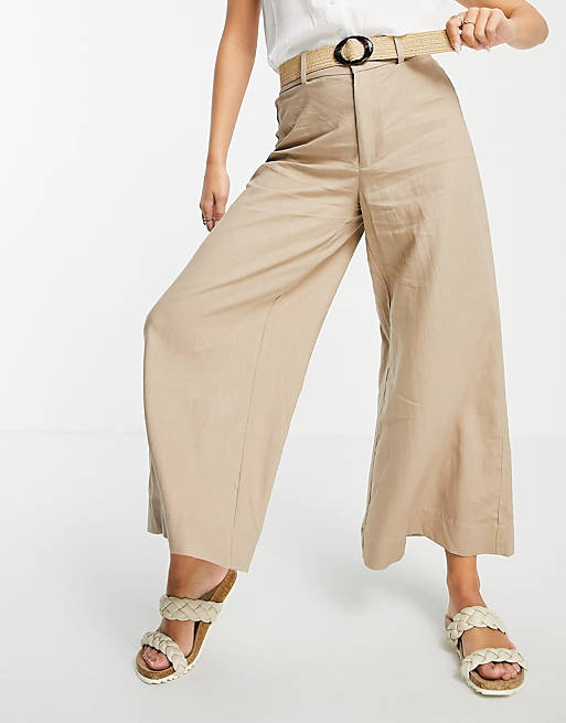 Women Mango wide leg cropped tailored trouser in light beige 