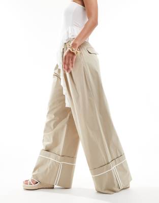 wide leg cuffed pants in tan-Brown