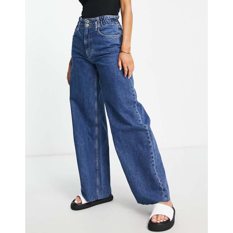 Mango seam detail straight leg jeans in mid blue