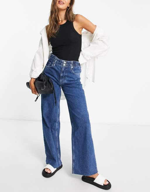 Mango wide leg double button waist jeans in dark blue denim