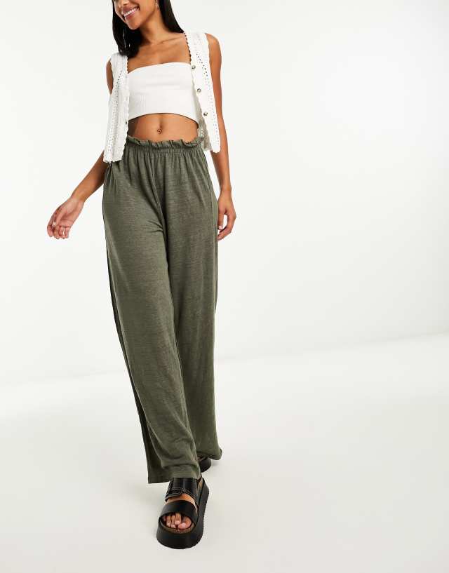 Mango - wide leg elasticated waist trouser in khaki