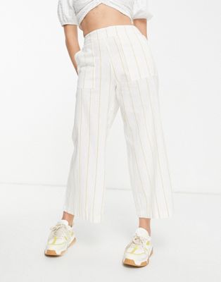 Mango wide leg linen trousers with yellow stripe in white