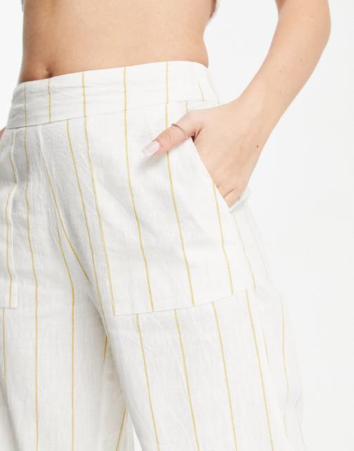 Mango wide leg linen trousers with yellow stripe in white