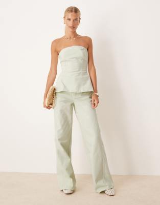 Mango wide leg mi-waist jean and bandeau denim peplum silhouette top co-ord in pastel green - view 1