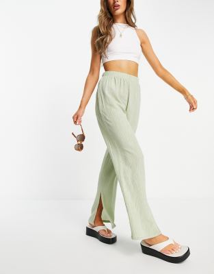 Mango wide leg plisse trouser with split in sage - ASOS Price Checker