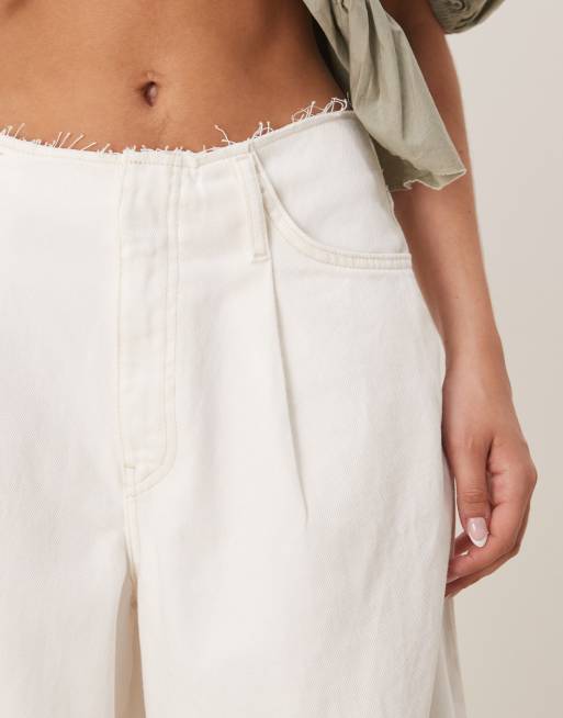 Mango wide leg raw hem waist trouser in white, 2 of 5