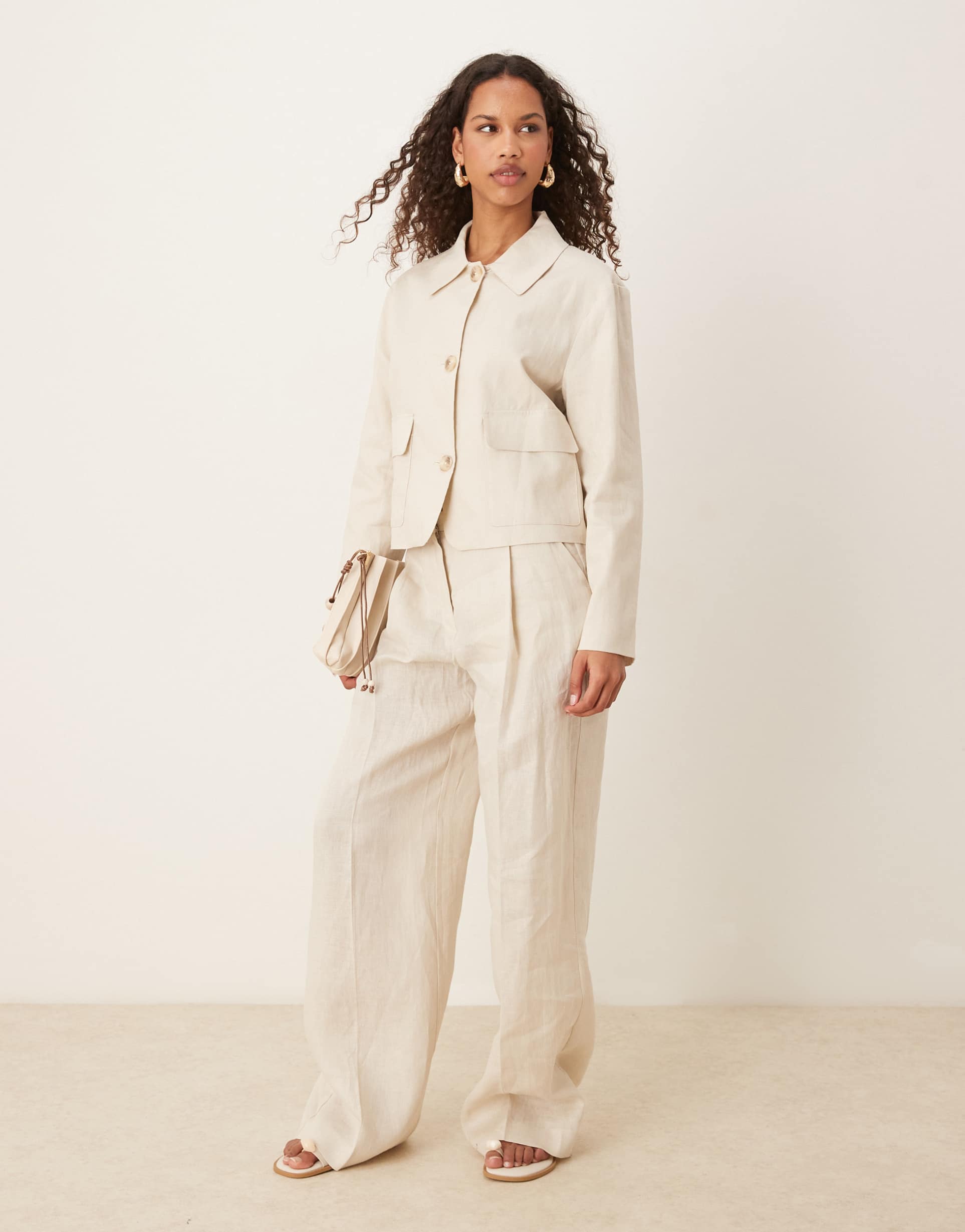 mango wide leg tailored linen pants with front pleat in stone - part of a set
