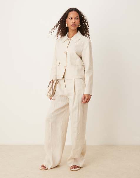 Mango wide leg tailored linen trouser with front pleat co-ord in stone - view 1