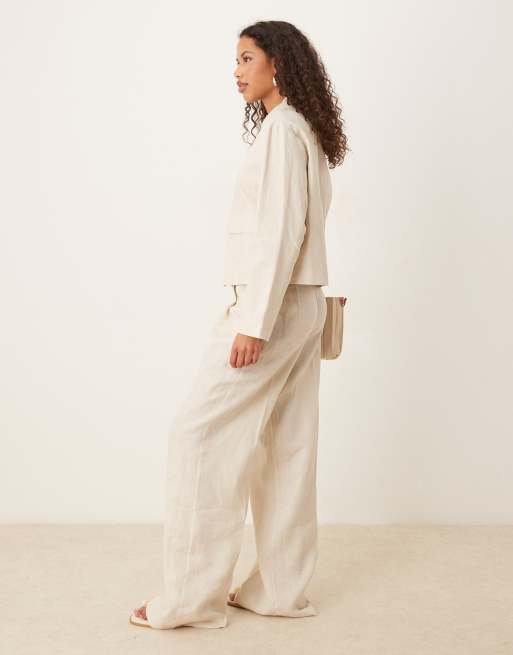 Mango wide leg tailored linen trouser with front pleat co-ord in stone, 4 of 5
