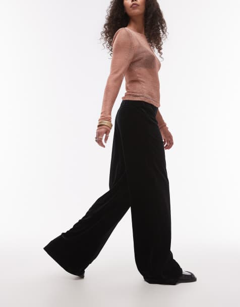 Mango wide leg velvet high waist trousers in  black - view 1